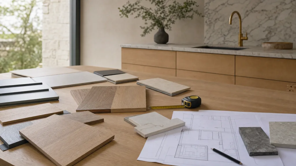 Table de consultation avec échantillons de bois, plan de cuisine et matériaux pour préparer un budget cuisine sur mesure