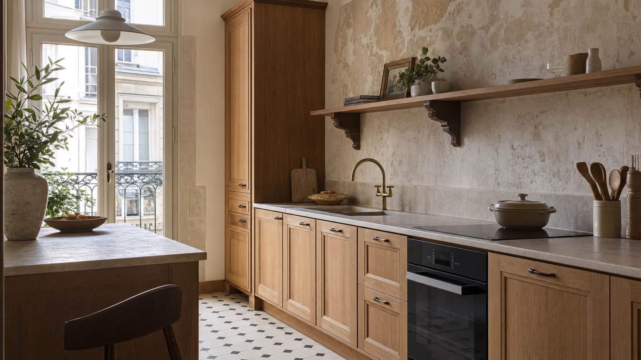 Cuisine ancienne rénovée avec meubles en bois, mur texturé et lumière naturelle
